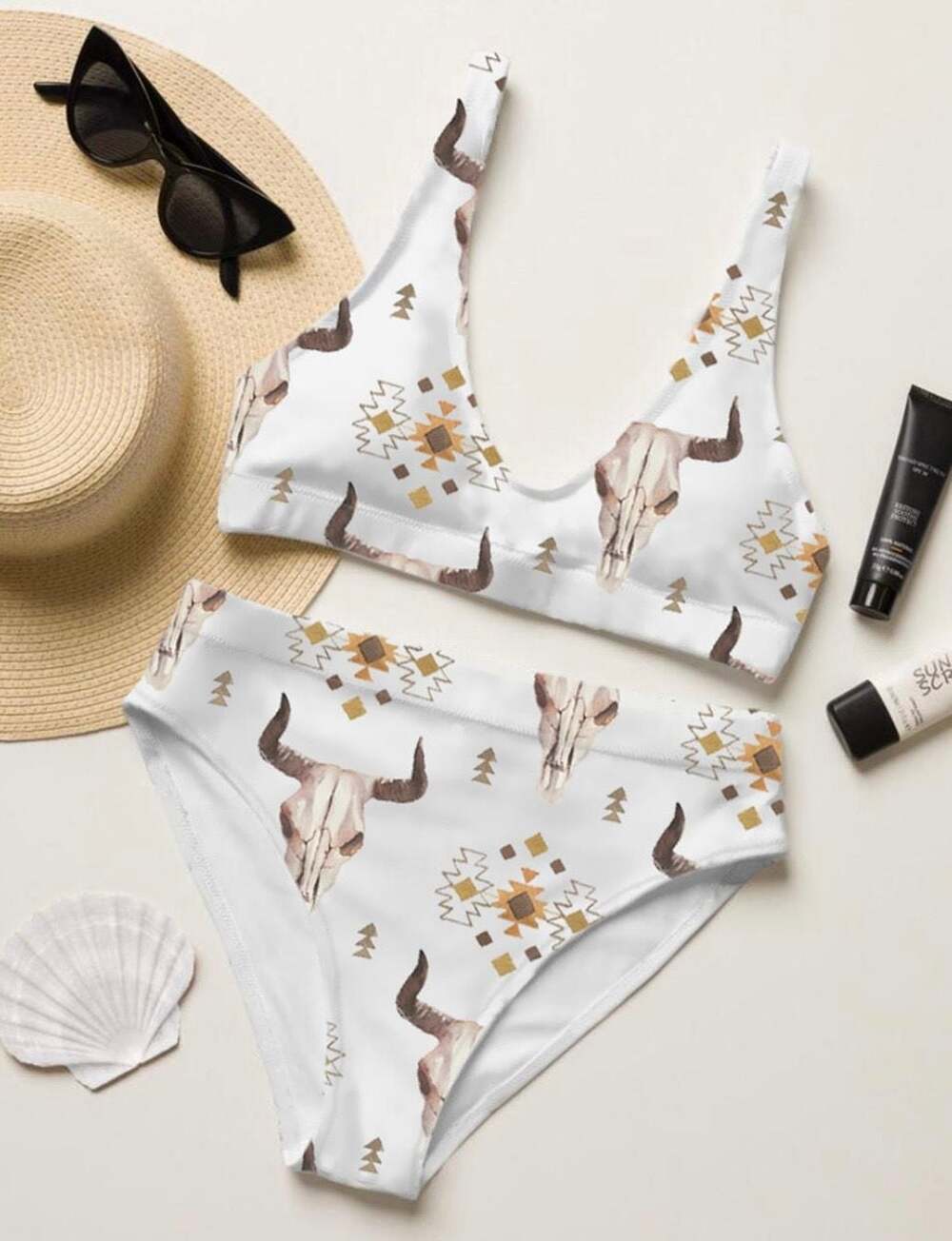 SHESHOW Aztec Bull Skull High-Waisted Bikini Two-Piece Set Sz.M bnwt